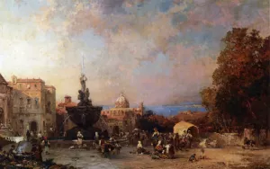 A Market in Naples by Franz Richard Unterberger Oil Painting