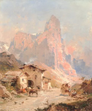 Figures in a Village in the Dolomites by Franz Richard Unterberger - Oil Painting Reproduction