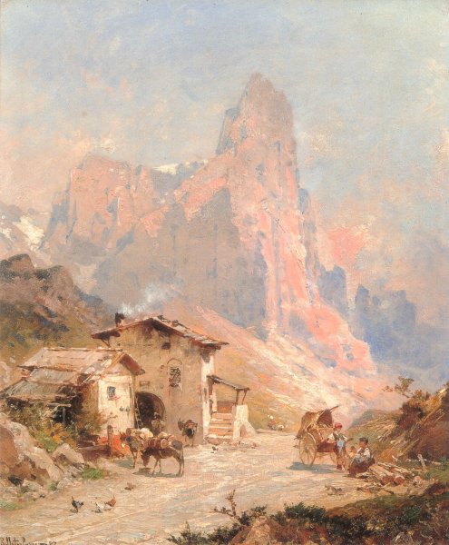 Main Product Photo of Figures in a Village in the Dolomites Painting by Franz Richard Unterberger