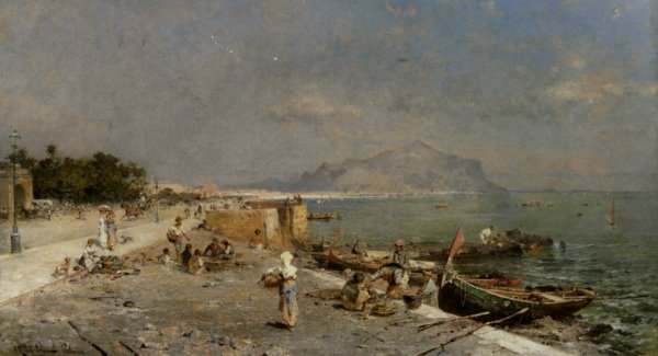 Main Product Photo of On The Waterfront at Palermo Painting by Franz Richard Unterberger