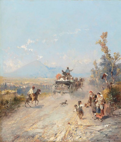 Main Product Photo of On the way to Pompeii, with Vesuvius beyond Painting by Franz Richard Unterberger