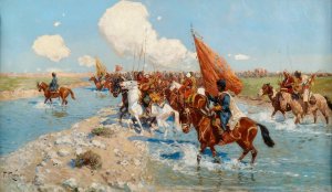 Circassian horsemen crossing a river by Franz Roubaud Oil Painting