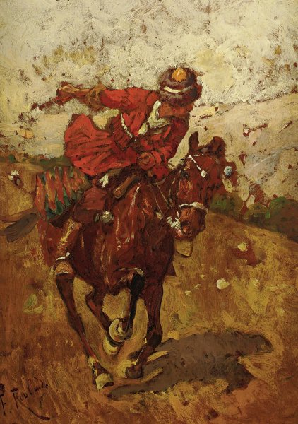 Cossack Horseman by Franz Roubaud - Hand-Painted Oil Painting Reproduction