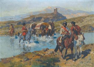 Cossacks Crossing A Ford by Franz Roubaud Oil Painting