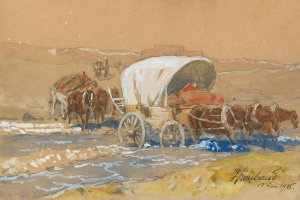Fuhrwerk bei der uberquerung eines Flusses by Franz Roubaud Oil Painting