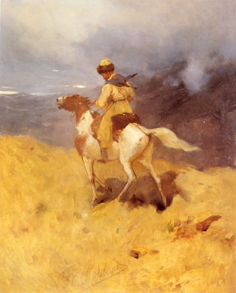 Main Product Photo of Horseman in a Mountainous Landscape Painting by Franz Roubaud
