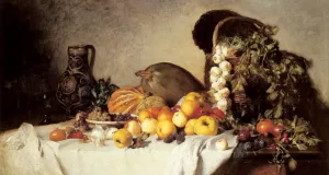 A Still Life with Fruit and Vegetables by Franz Rumpler Oil Painting