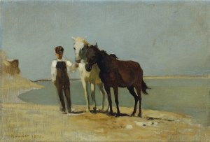 Ein Junge mit Pferden am Strand by Franz Rumpler Oil Painting