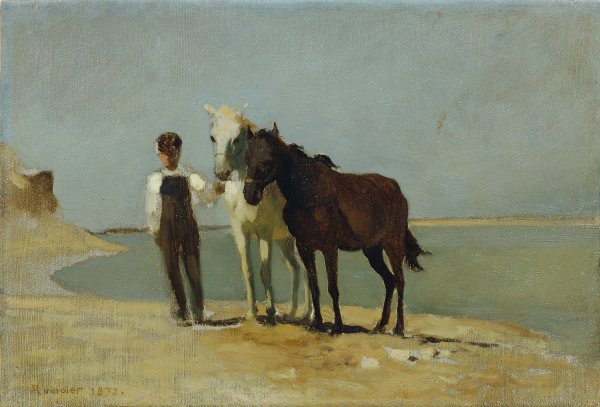 Ein Junge mit Pferden am Strand  by Franz Rumpler - Hand-Painted Oil Painting Reproduction