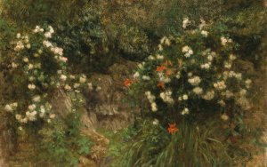 Grotto with white roses by Franz Rumpler Oil Painting