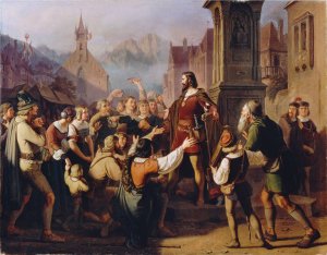 Duke Friedrich IV, disguised as a minstrel, reveals himself to his faithful Tyroleans while fleeing Constance by Franz Schams Oil Painting