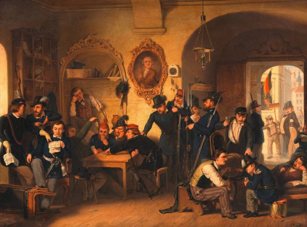 Main Product Photo of Studentenwachstube der Akademischen Legion in der Aula der alten Universitat im Jahre 1848  Painting by Franz Schams