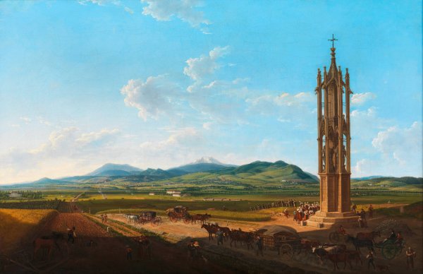 Die Spinnerin am Kreuz mit Aussicht gegen das Modlinger Gebirge  by Franz Scheyerer - Hand-Painted Oil Painting Reproduction
