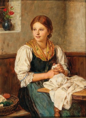 A Young Girl In Traditional Costume Sewing At Home by Franz Von Defregger Oil Painting