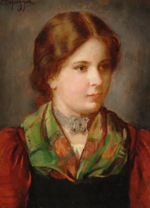 A Young Girl in Traditional Costume with Shawl and Choker by Franz Von Defregger Oil Painting