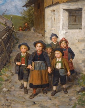 Auf Dem Schulweg by Franz Von Defregger Oil Painting