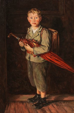 Bauernbub mit Schirm und Ranzen by Franz Von Defregger Oil Painting