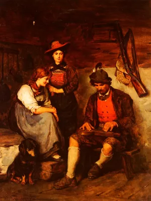 Der Zitherspieler Auf Der Alm, Dem Zwei Madchen Zuhoren by Franz Von Defregger Der Zitherspieler Auf Der Alm, Dem Zwei Madchen Zuhoren by Franz Von Defregger Oil Painting