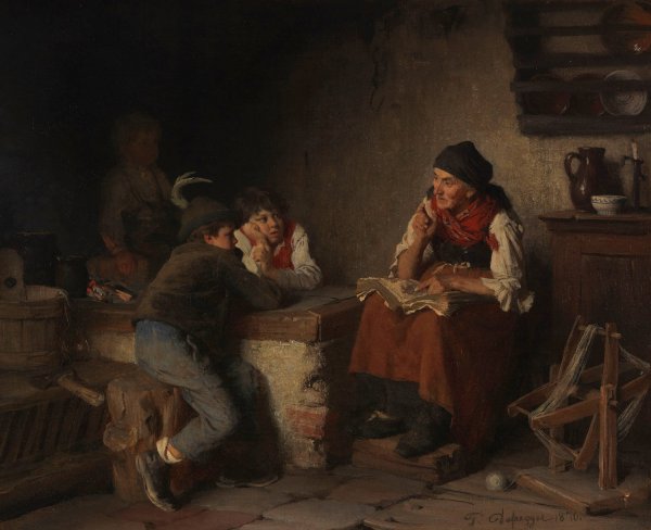 Die Marchenerzahlerin  by Franz Von Defregger - Hand-Painted Oil Painting Reproduction