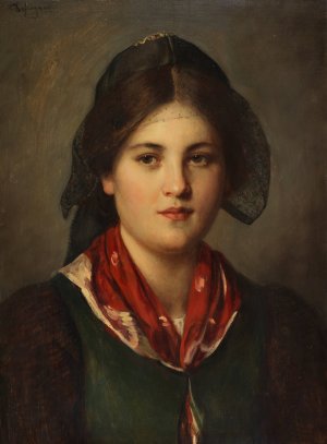 Dirndl mit Spitzenhaube by Franz Von Defregger Oil Painting