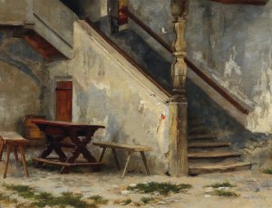 Hausgang mit Treppenaufgang by Franz Von Defregger Oil Painting
