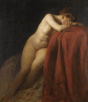 Nude With Red Drape by Franz Von Defregger Oil Painting