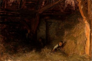 Three Boys in the Straw by Franz Von Defregger Oil Painting