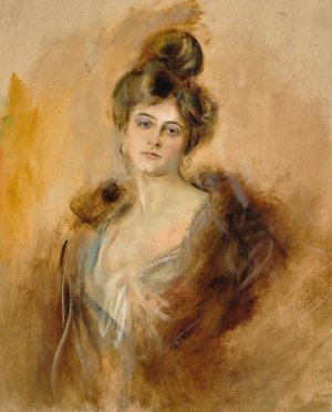 Portrait of a Lady with Creole Earrings and a Fur Collar by Franz Von Lenbach Oil Painting