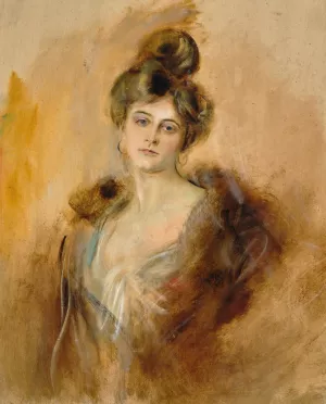 Portrait of a Lady with Creole Earrings and a Fur Collar by Franz Von Lenbach Oil Painting