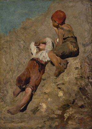 Two Peasant Boys on a Slope by Franz Von Lenbach Oil Painting
