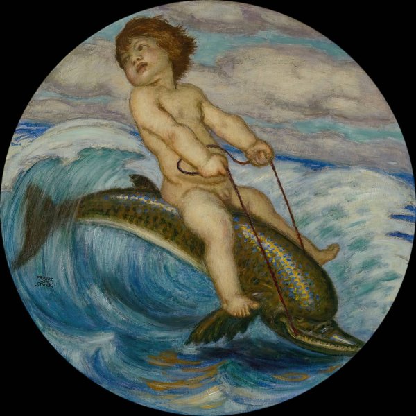 Erote Riding a Dolphin  by Franz Von Stuck - Hand-Painted Oil Painting Reproduction