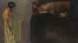 Oedipus solves the mystery of the Sphinx by Franz Von Stuck Oil Painting