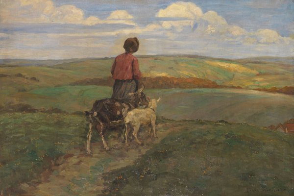 Madchen mit Ziegen auf dem Heimweg  by Franz Wallischeck - Hand-Painted Oil Painting Reproduction