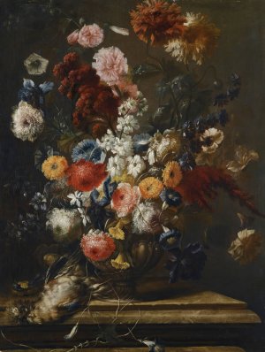 A Still Life of Flowers In an Urn on a Marble Ledge With a Bird by Franz Werner Von Tamm Oil Painting