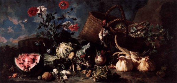 Main Product Photo of Flowers, Fruit, and Poultry Painting by Franz Werner Von Tamm