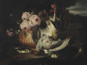 Flowers in a terracotta vase with dead game by Franz Werner Von Tamm Oil Painting