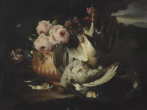 Flowers in a terracotta vase with dead game by Franz Werner Von Tamm Oil Painting