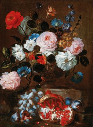 Flowers in a vase with grapes and a pomegranate by Franz Werner Von Tamm Oil Painting