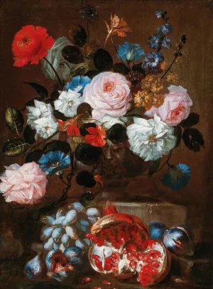 Flowers in a vase with grapes and a pomegranate by Franz Werner Von Tamm Oil Painting