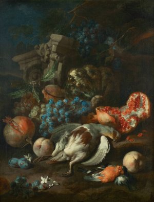 Fruchtestuck mit totem Rebhuhn und Gimpelmannchen by Franz Werner Von Tamm Oil Painting