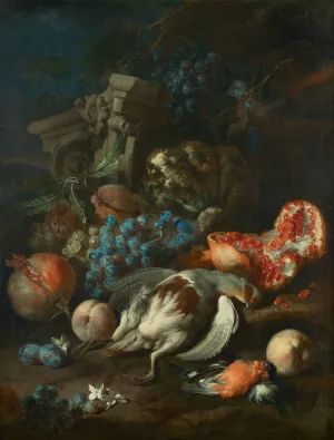 Fruchtestuck mit totem Rebhuhn und Gimpelmannchen by Franz Werner Von Tamm Fruchtestuck mit totem Rebhuhn und Gimpelmannchen Oil painting by Franz Werner Von Tamm