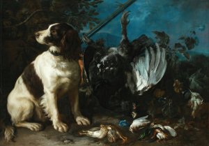 Still Life With Hunting Trophies And A Young Dog by Franz Werner Von Tamm Oil Painting