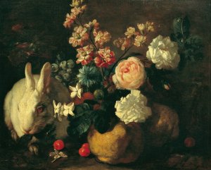 Stillleben mit Kaninchen, Blumen und Fruchten by Franz Werner Von Tamm Oil Painting