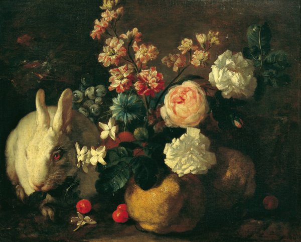 Main Product Photo of Stillleben mit Kaninchen, Blumen und Fruchten  Painting by Franz Werner Von Tamm