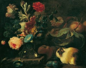 Stillleben mit Meerschweinchen, Blumen und Fruchten by Franz Werner Von Tamm Oil Painting