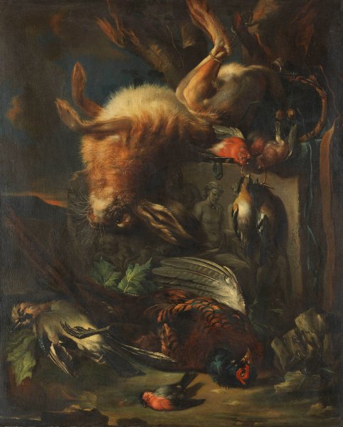 Main Product Photo of Zugeschrieben - Jagdstillleben mit Hase und Vogeln  Painting by Franz Werner Von Tamm