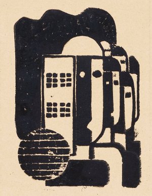 Gruppe neben Fassade mit Gitterfenstern. Vor 1927 by Franz Wilhelm Seiwert Oil Painting