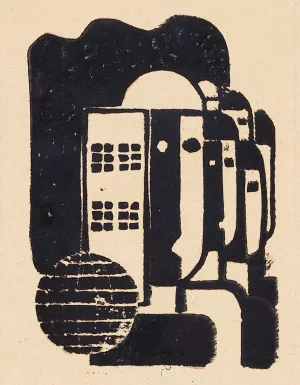 Gruppe neben Fassade mit Gitterfenstern. Vor 1927 by Franz Wilhelm Seiwert Oil Painting