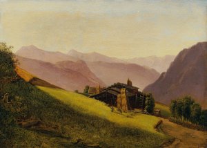Gebirgslandschaft mit Almhutten und heuenden Bauern by Franz Wipplinger Oil Painting