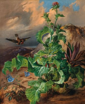 Large Thistle Still Life with Goldfinch by Franz Xaver Gruber Oil Painting